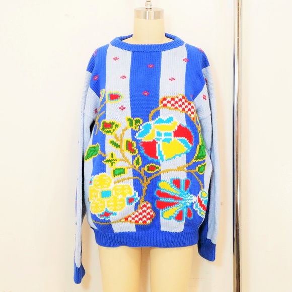 Vintage d.b.l. Sweaters - VTG 90s Graphic Sweater Floral Stripes Crew Neck M